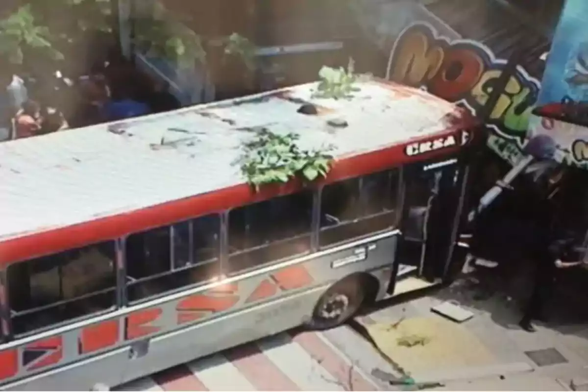 Un autobús con el techo cubierto de plantas está estacionado en una acera junto a un mural colorido.