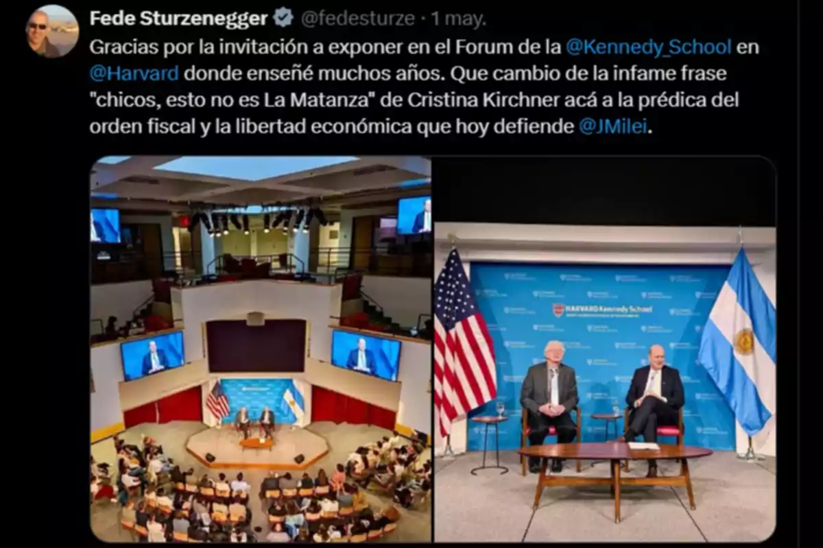 Una conferencia en la Harvard Kennedy School con dos personas sentadas en el escenario, acompañadas por las banderas de Estados Unidos y Argentina, mientras el público observa desde sus asientos. Una conferencia en la Harvard Kennedy School con dos personas sentadas en el escenario, acompañadas por las banderas de Estados Unidos y Argentina, mientras el público observa desde sus asientos.