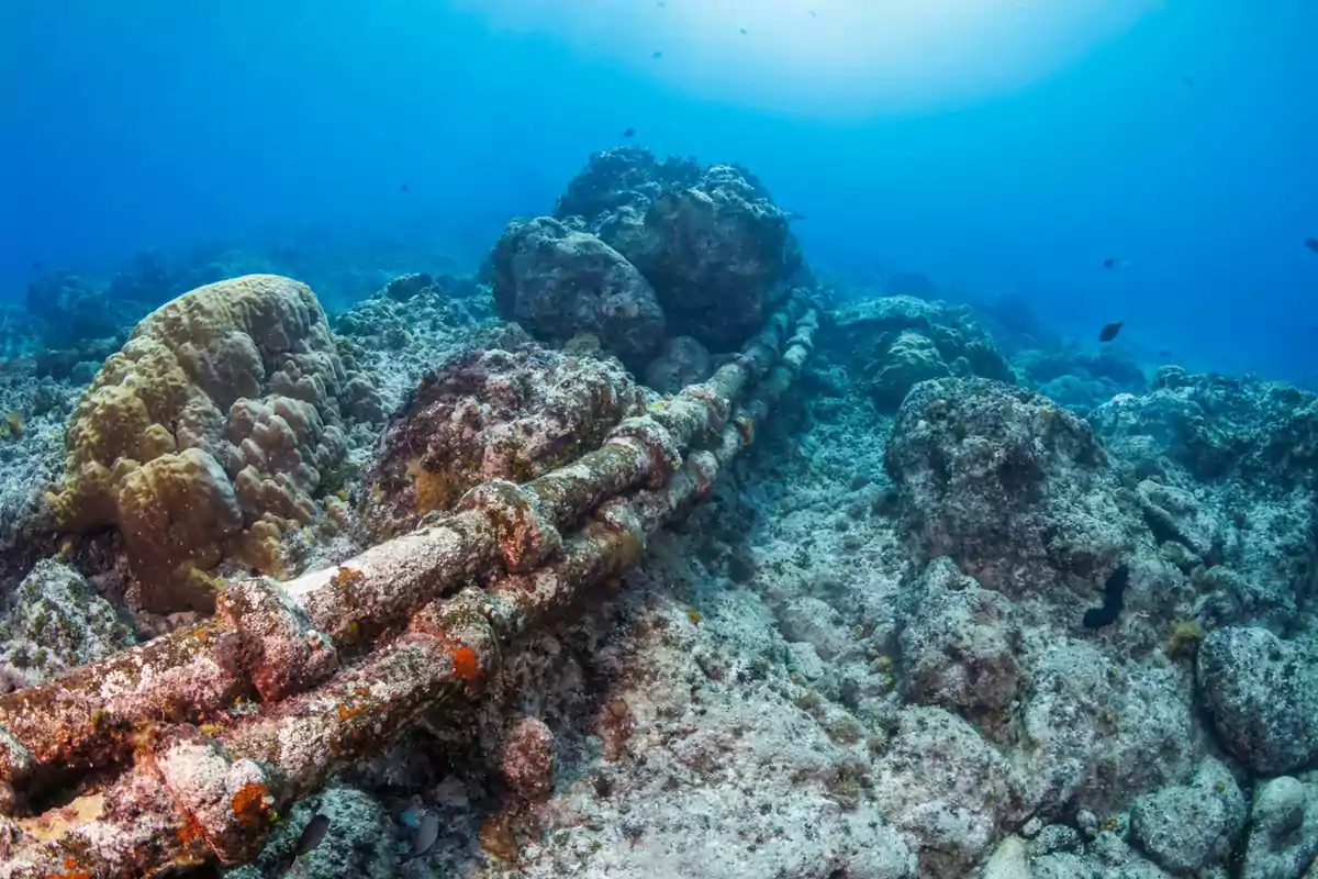 Submarine cable covered with algae and corals on the ocean floor.