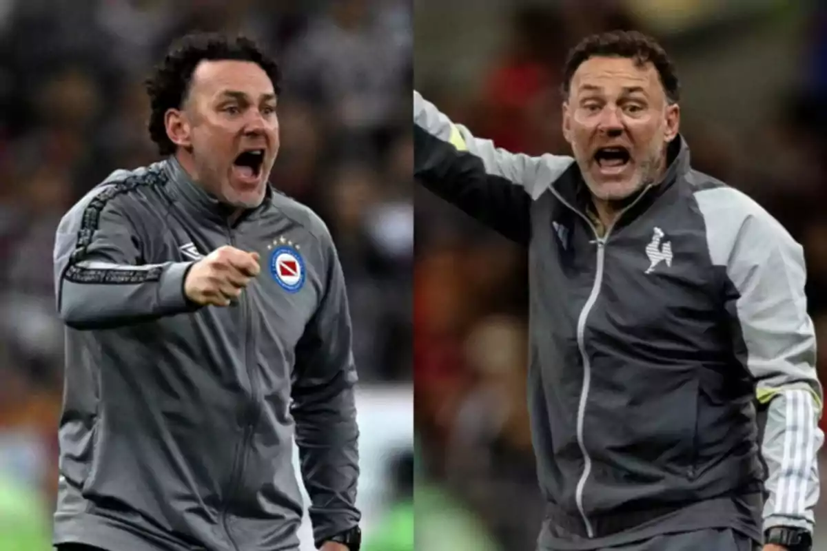 Two men in gray sports jackets gesture energetically during a sporting event. Two men in gray sports jackets gesture energetically during a sporting event.