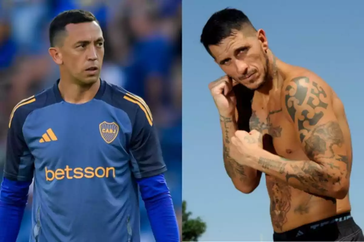 Dos hombres en una imagen dividida, uno con uniforme deportivo azul y el otro sin camisa mostrando tatuajes.