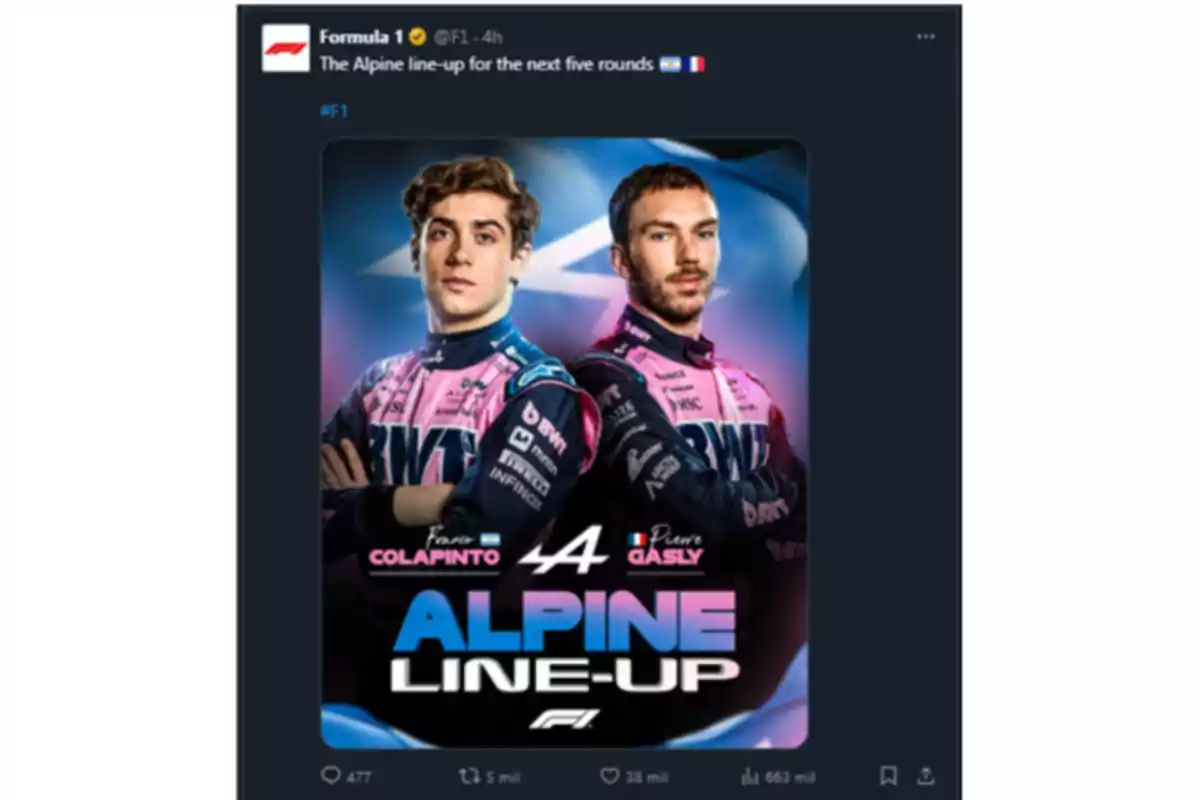 Dos pilotos de carreras con uniformes rosas y azules posan frente a un fondo azul con el texto Dos pilotos de carreras con uniformes rosas y azules posan frente a un fondo azul con el texto