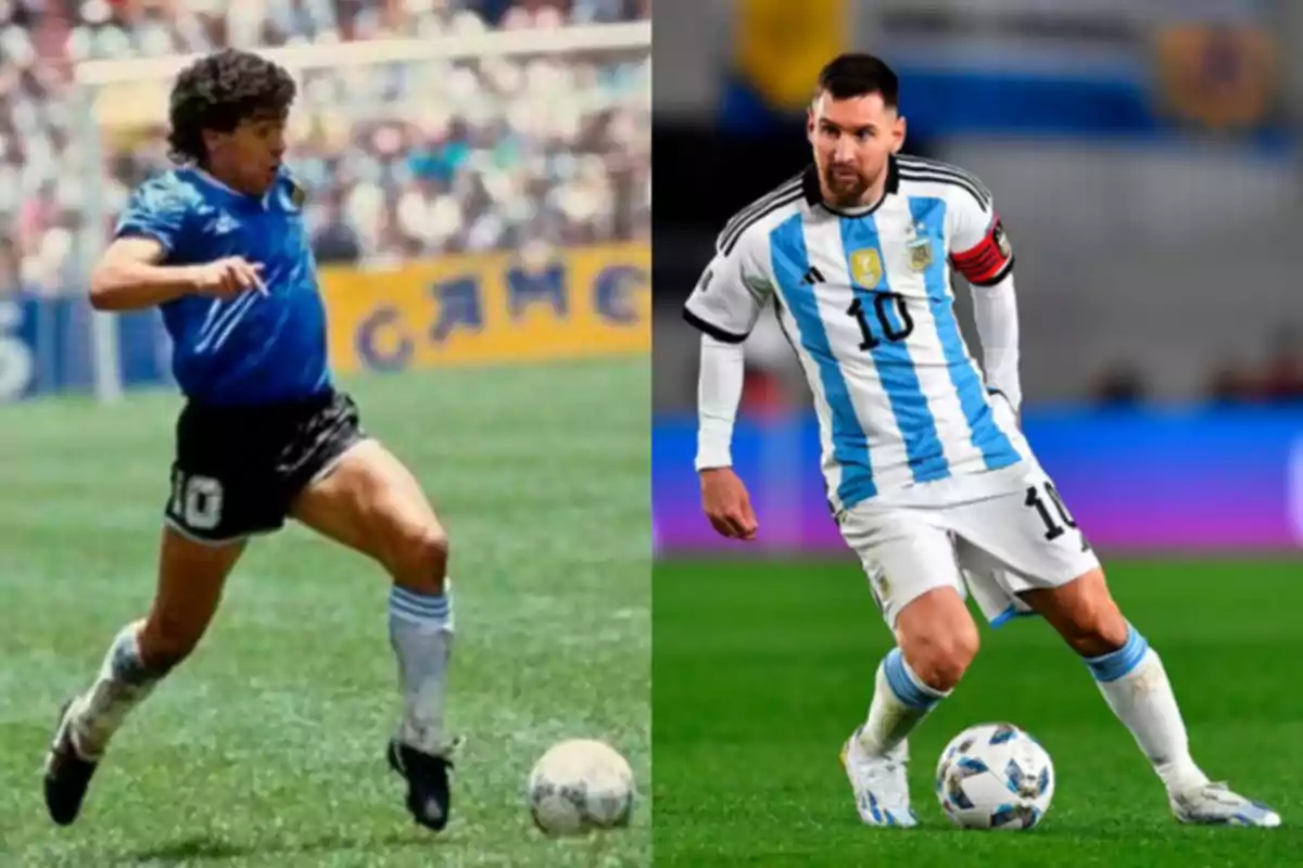 Dos futbolistas con la camiseta de Argentina, uno con uniforme azul y el otro con uniforme blanco y celeste, ambos en acción con un balón en el campo de juego.