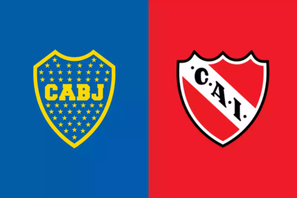 Escudos de dos equipos de fútbol sobre fondos azul y rojo.