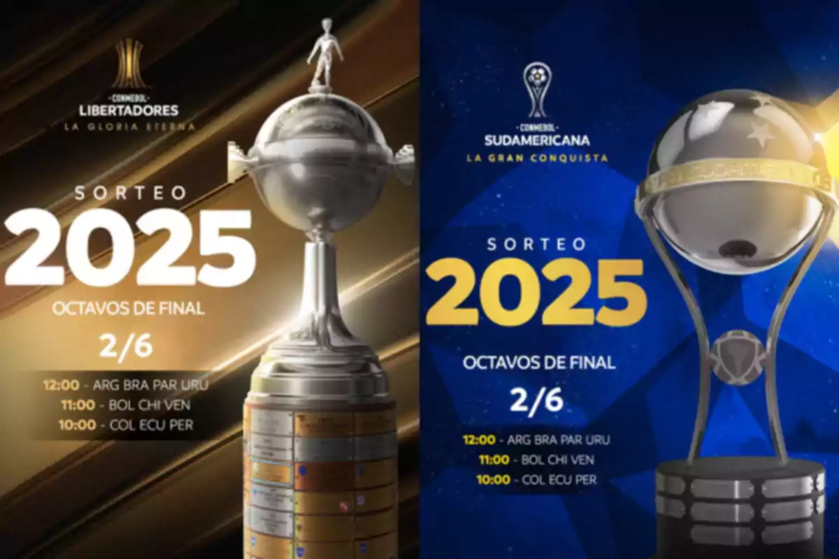 The image shows two soccer trophies, one from the Copa Libertadores and another from the Copa Sudamericana, with the text The image shows two soccer trophies, one from the Copa Libertadores and another from the Copa Sudamericana, with the text