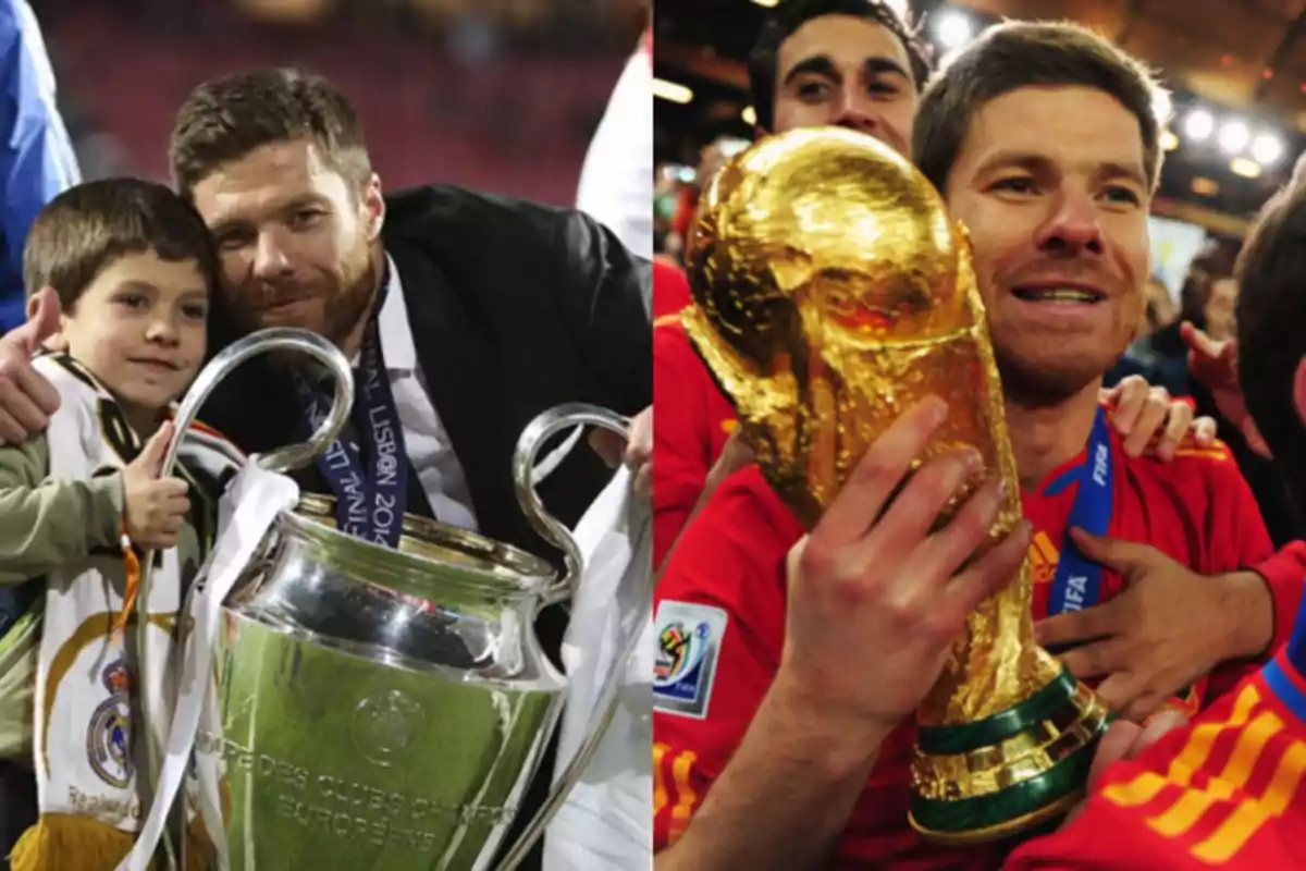 Un hombre celebra con un niño y un trofeo de fútbol en una imagen, mientras que en otra sostiene un trofeo dorado rodeado de personas. Un hombre celebra con un niño y un trofeo de fútbol en una imagen, mientras que en otra sostiene un trofeo dorado rodeado de personas.