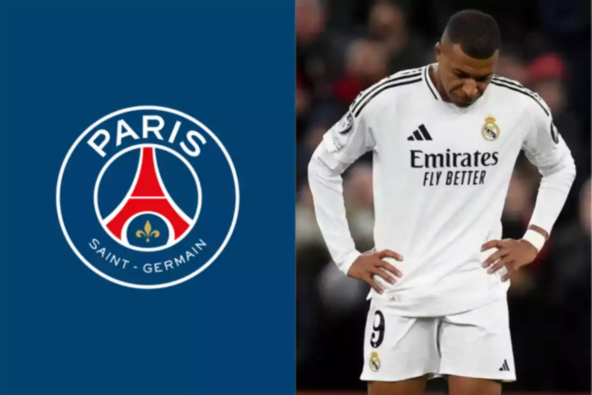 A la izquierda aparece el escudo del PSG sobre fondo azul y a la derecha un futbolista con uniforme blanco del Real Madrid mirando hacia abajo con las manos en la cintura.