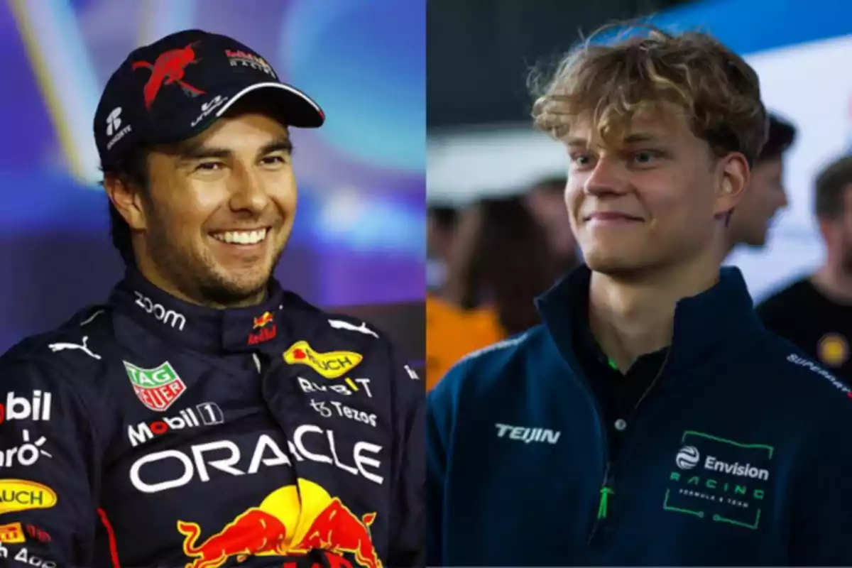Two motorsport drivers smile, one wearing a Red Bull Racing uniform and the other in an Envision Racing jacket. Two motorsport drivers smile, one wearing a Red Bull Racing uniform and the other in an Envision Racing jacket.
