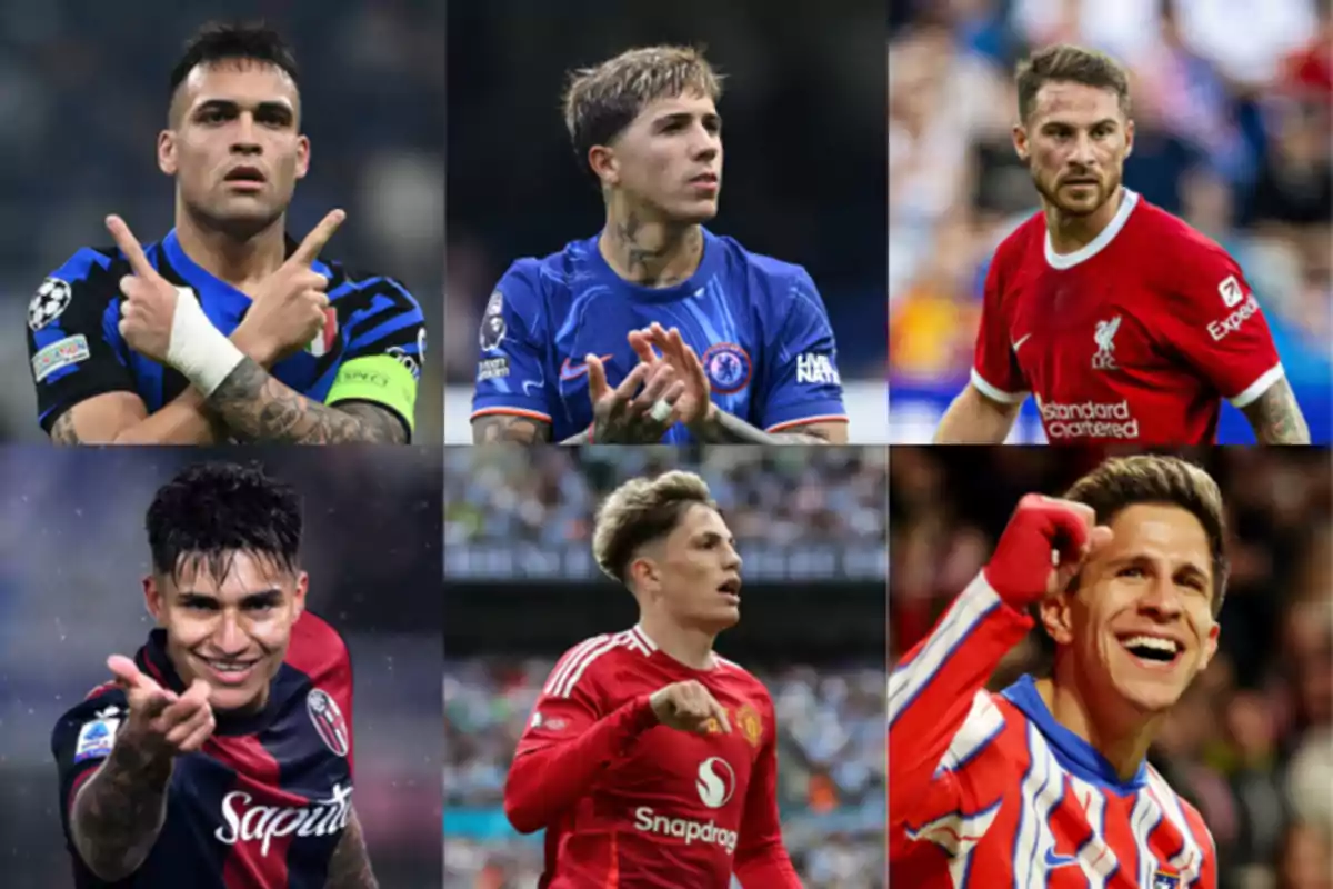 Seis futbolistas argentinos posando y celebrando con las camisetas de sus respectivos equipos europeos Seis futbolistas argentinos posando y celebrando con las camisetas de sus respectivos equipos europeos