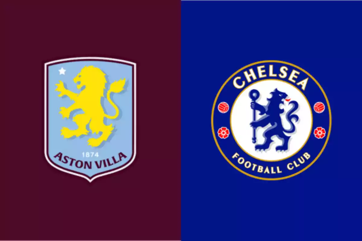 Escudos de los equipos de fútbol Aston Villa y Chelsea sobre fondos de color vino y azul respectivamente Escudos de los equipos de fútbol Aston Villa y Chelsea sobre fondos de color vino y azul respectivamente