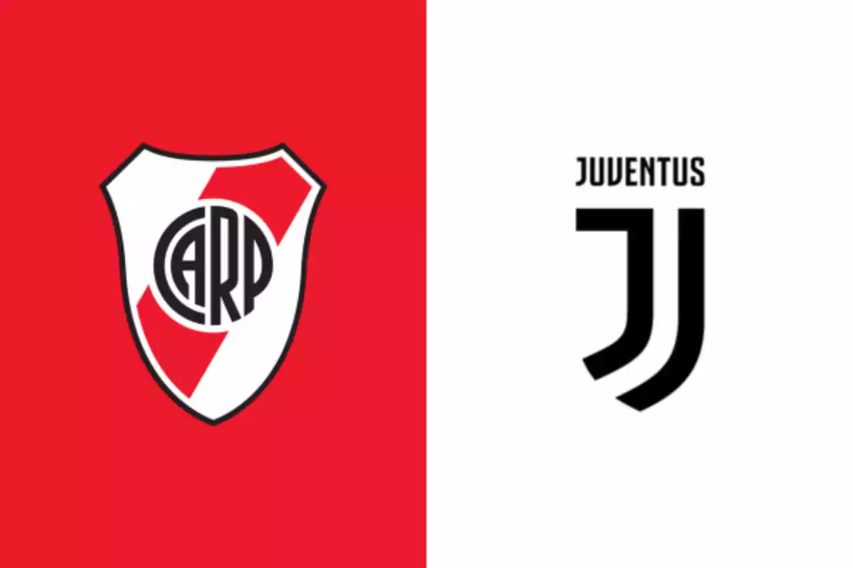 Escudos de River Plate y Juventus sobre fondos rojo y blanco respectivamente Escudos de River Plate y Juventus sobre fondos rojo y blanco respectivamente
