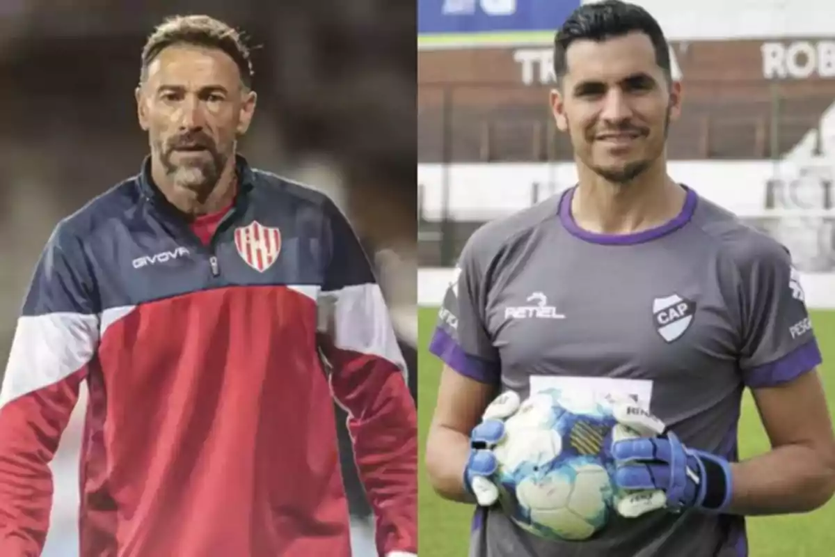 Dos hombres posan en diferentes escenarios deportivos, uno con un buzo de entrenamiento rojo y azul y el otro con uniforme de arquero gris y guantes sosteniendo una pelota de fútbol. Dos hombres posan en diferentes escenarios deportivos, uno con un buzo de entrenamiento rojo y azul y el otro con uniforme de arquero gris y guantes sosteniendo una pelota de fútbol.