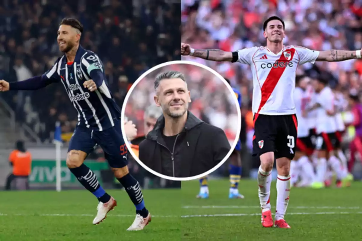 Dos futbolistas celebrando en la cancha, uno con uniforme de Monterrey y otro con uniforme de River Plate, con la imagen de un entrenador en el centro