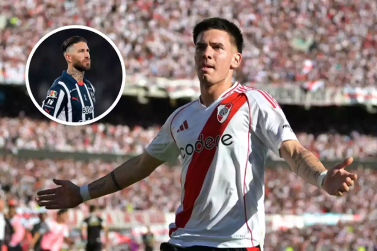 River Plate player celebrating a goal in the stadium with an inserted image of another player wearing the Rayados de Monterrey uniform
