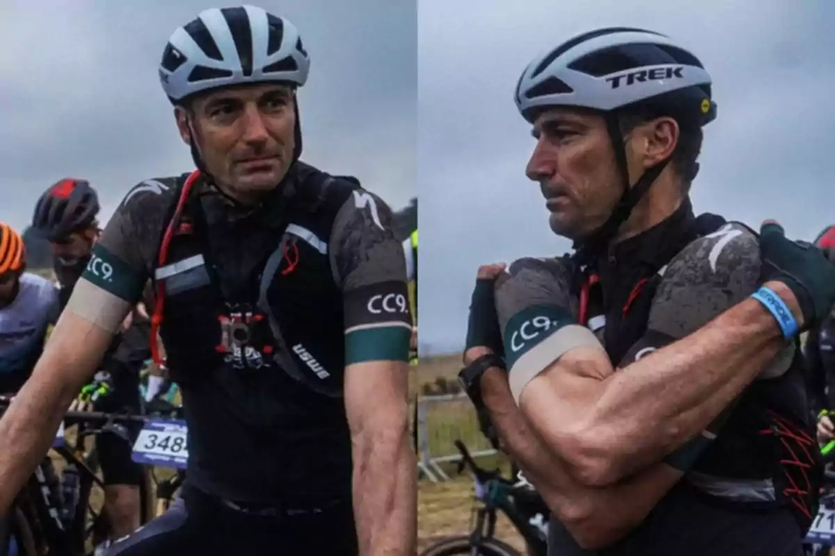A cyclist with a helmet and sportswear is in a competition, showing a serious and focused expression as he prepares for the race. A cyclist with a helmet and sportswear is in a competition, showing a serious and focused expression as he prepares for the race.