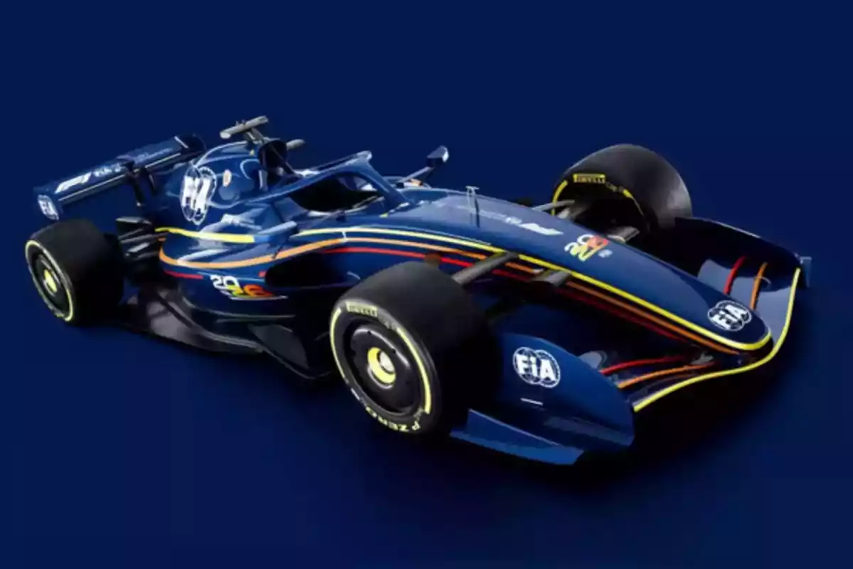 Monoplaza de Fórmula 1 azul con detalles en amarillo y rojo sobre un fondo azul oscuro Monoplaza de Fórmula 1 azul con detalles en amarillo y rojo sobre un fondo azul oscuro