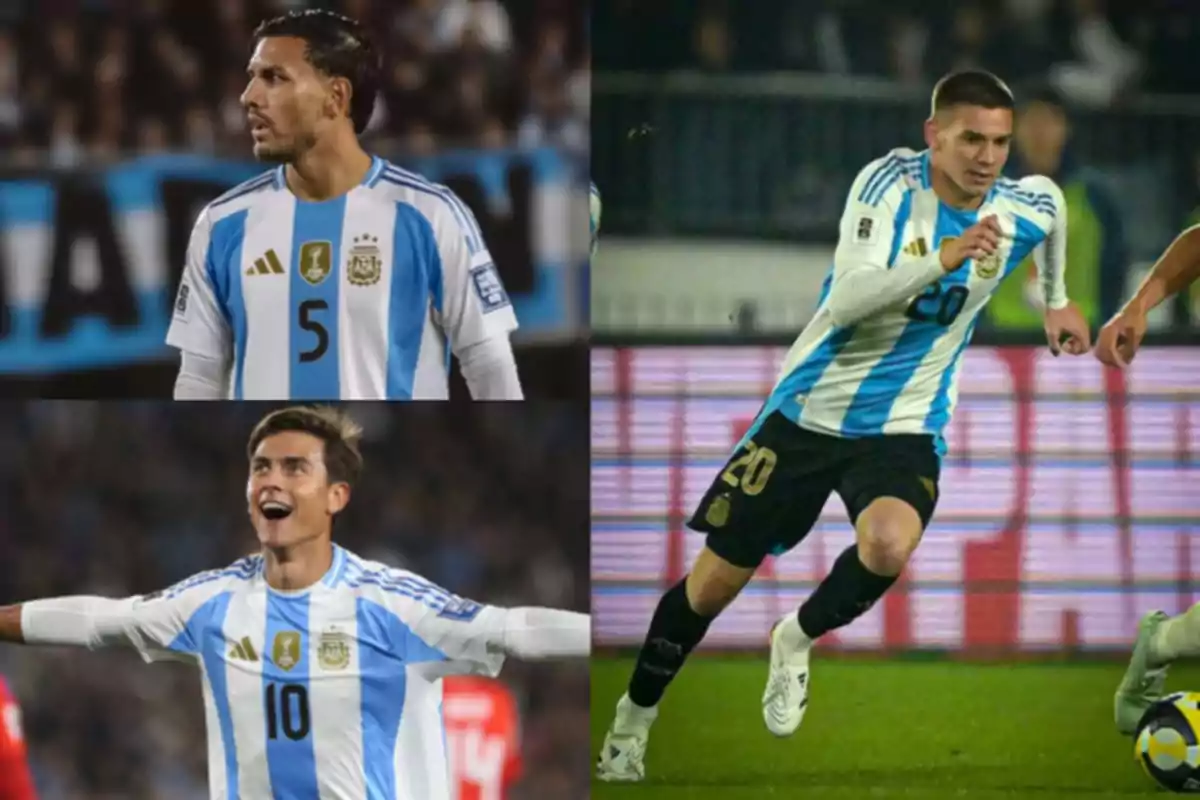 Three players from the Argentine national team wearing sky blue and white uniforms during a match