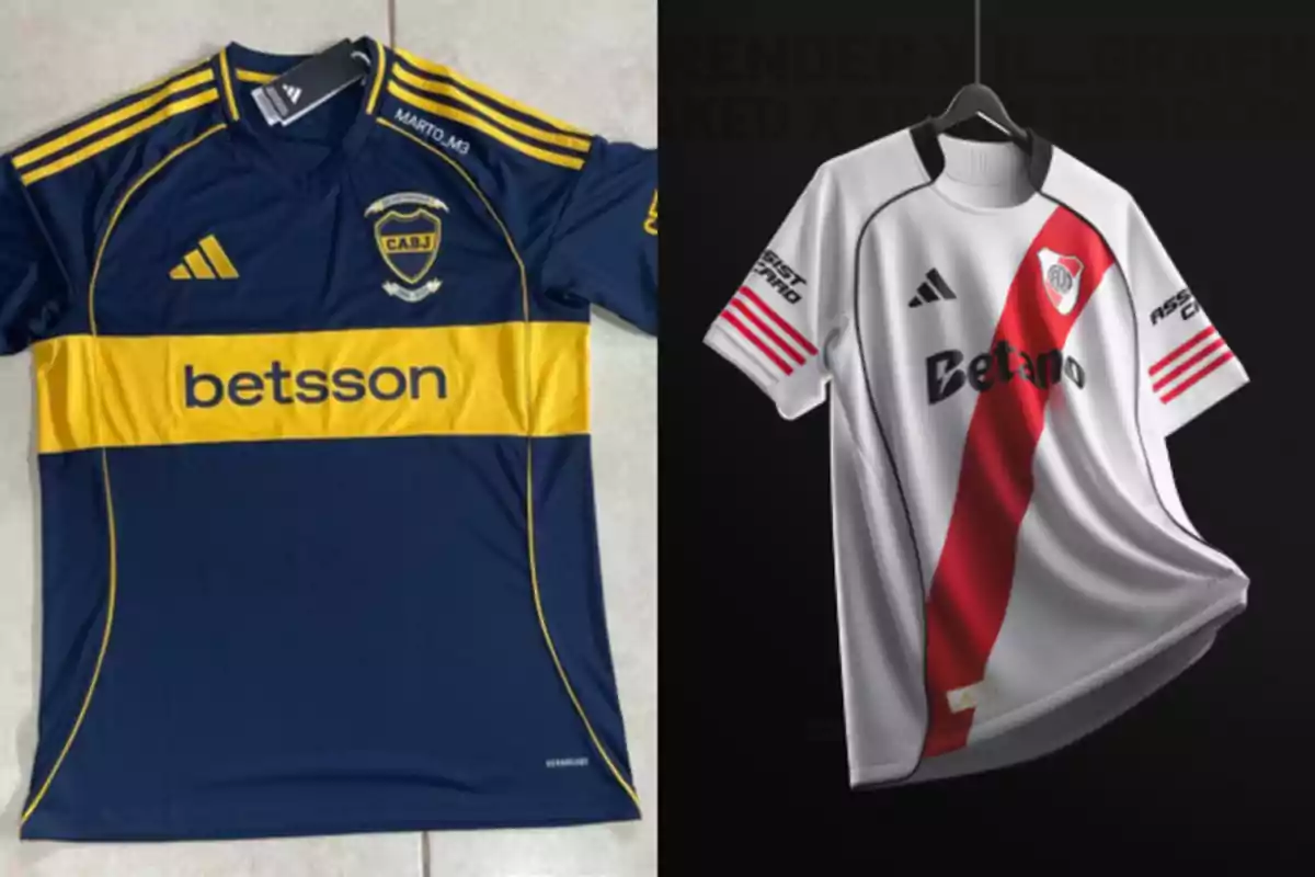 Two soccer jerseys, one blue with a yellow stripe and the other white with a diagonal red band, both with visible logos and sponsors. Two soccer jerseys, one blue with a yellow stripe and the other white with a diagonal red band, both with visible logos and sponsors.