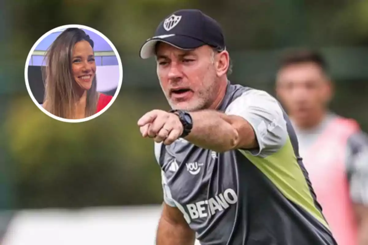 A man in a cap and sports uniform is pointing forward on a training field, while a woman is shown smiling in an inset. A man in a cap and sports uniform is pointing forward on a training field, while a woman is shown smiling in an inset.