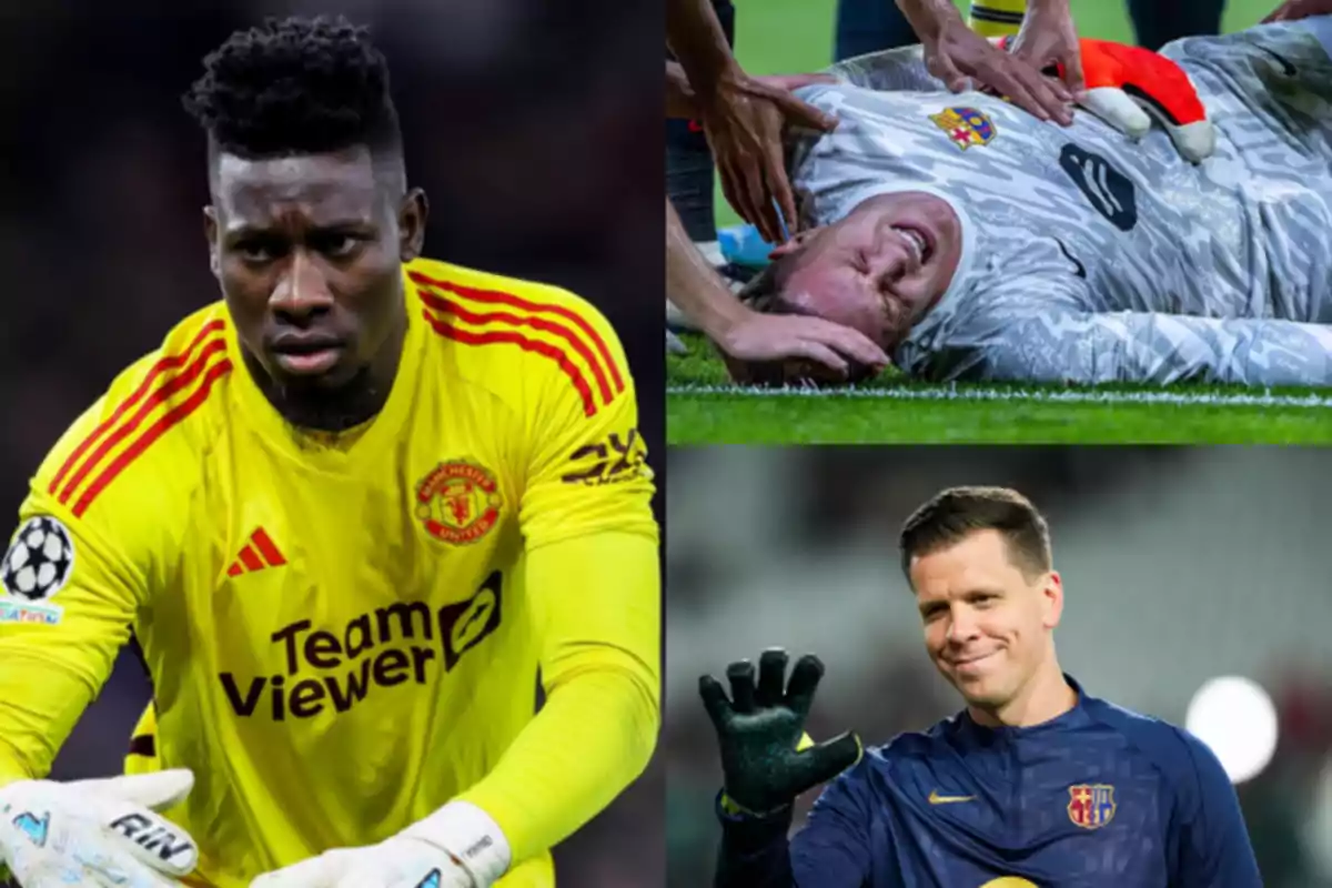 Three soccer goalkeepers in different situations: one in action wearing the Manchester United uniform, another on the ground in the Barcelona uniform being assisted, and the third waving with a smile. Three soccer goalkeepers in different situations: one in action wearing the Manchester United uniform, another on the ground in the Barcelona uniform being assisted, and the third waving with a smile.