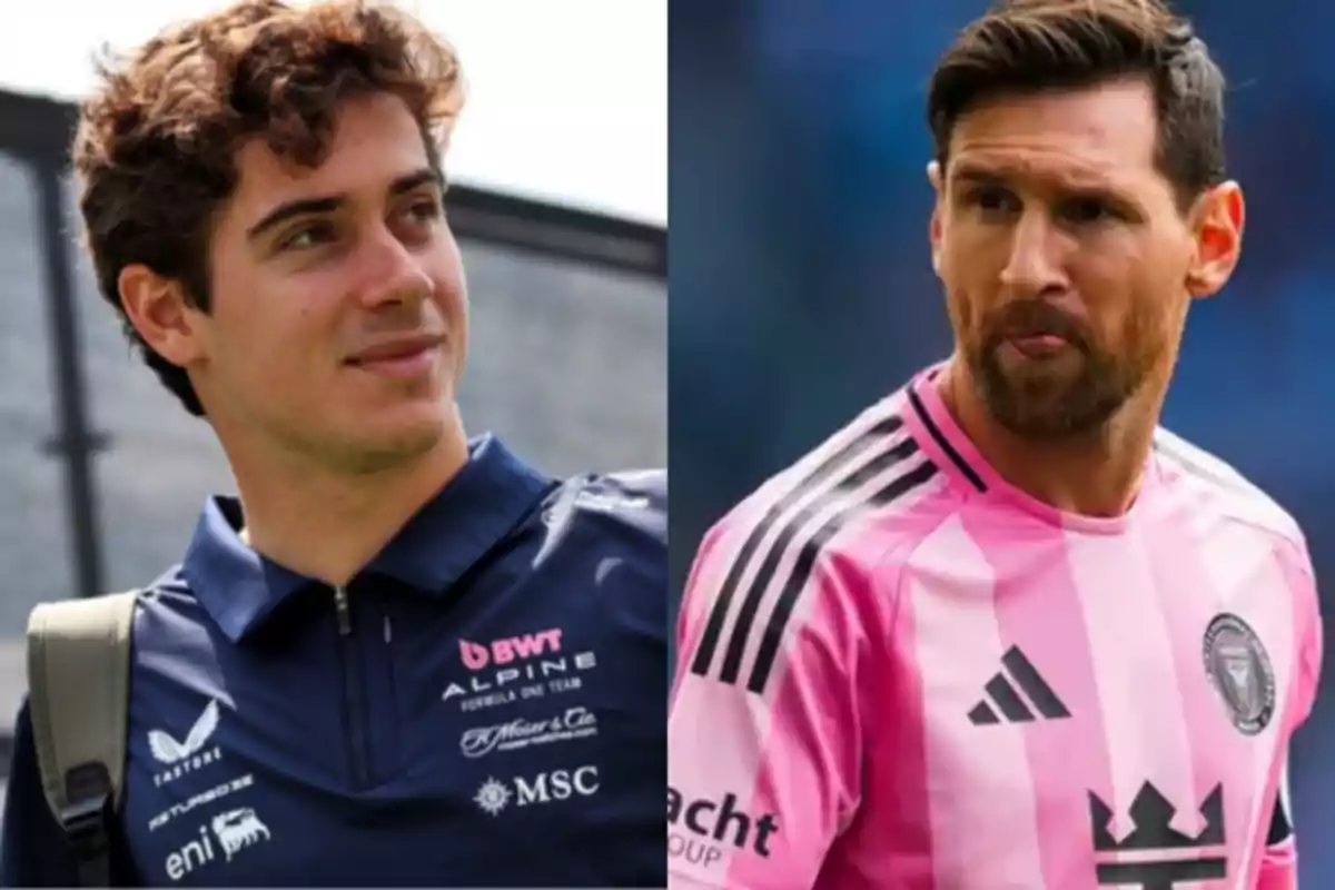 Two men appear in the picture, one is wearing a blue motorsport team uniform and the other is wearing a pink soccer uniform.