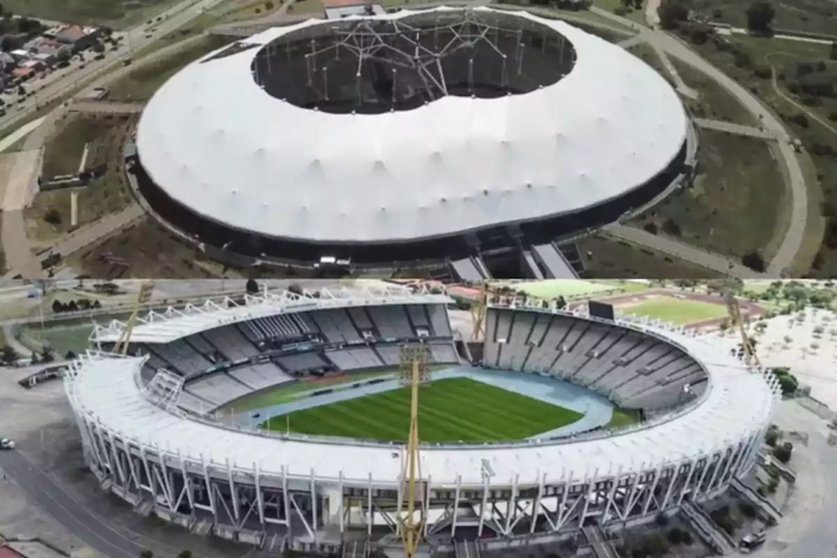 Aerial view of two large stadiums, one with a white roof and the other with uncovered stands and a soccer field. Aerial view of two large stadiums, one with a white roof and the other with uncovered stands and a soccer field.