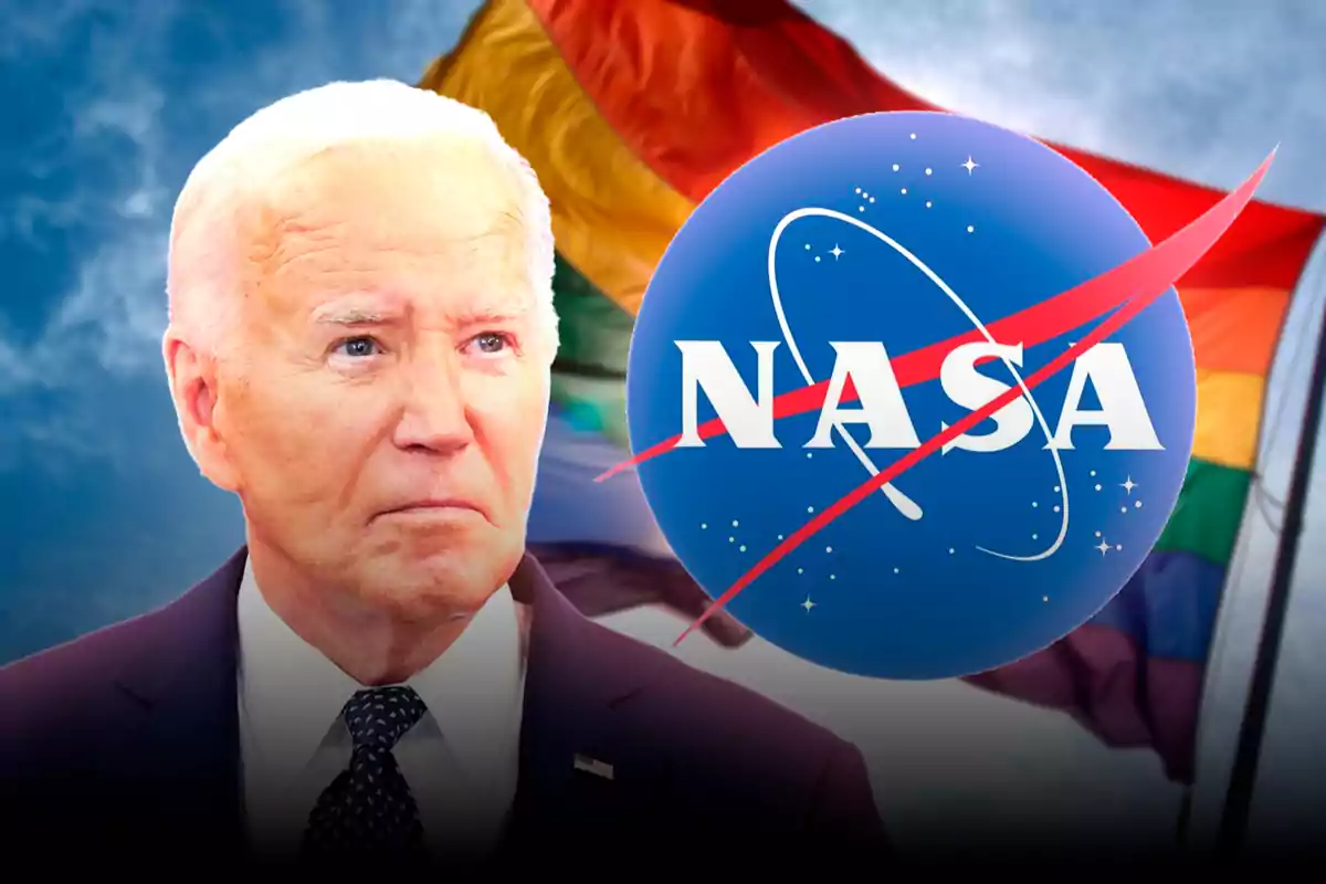 An older man with white hair appears next to the NASA logo and a multicolored flag in the background.