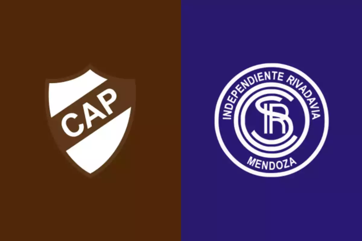 Escudos de los equipos de fútbol Platense y Independiente Rivadavia sobre fondos marrón y azul respectivamente Escudos de los equipos de fútbol Platense y Independiente Rivadavia sobre fondos marrón y azul respectivamente