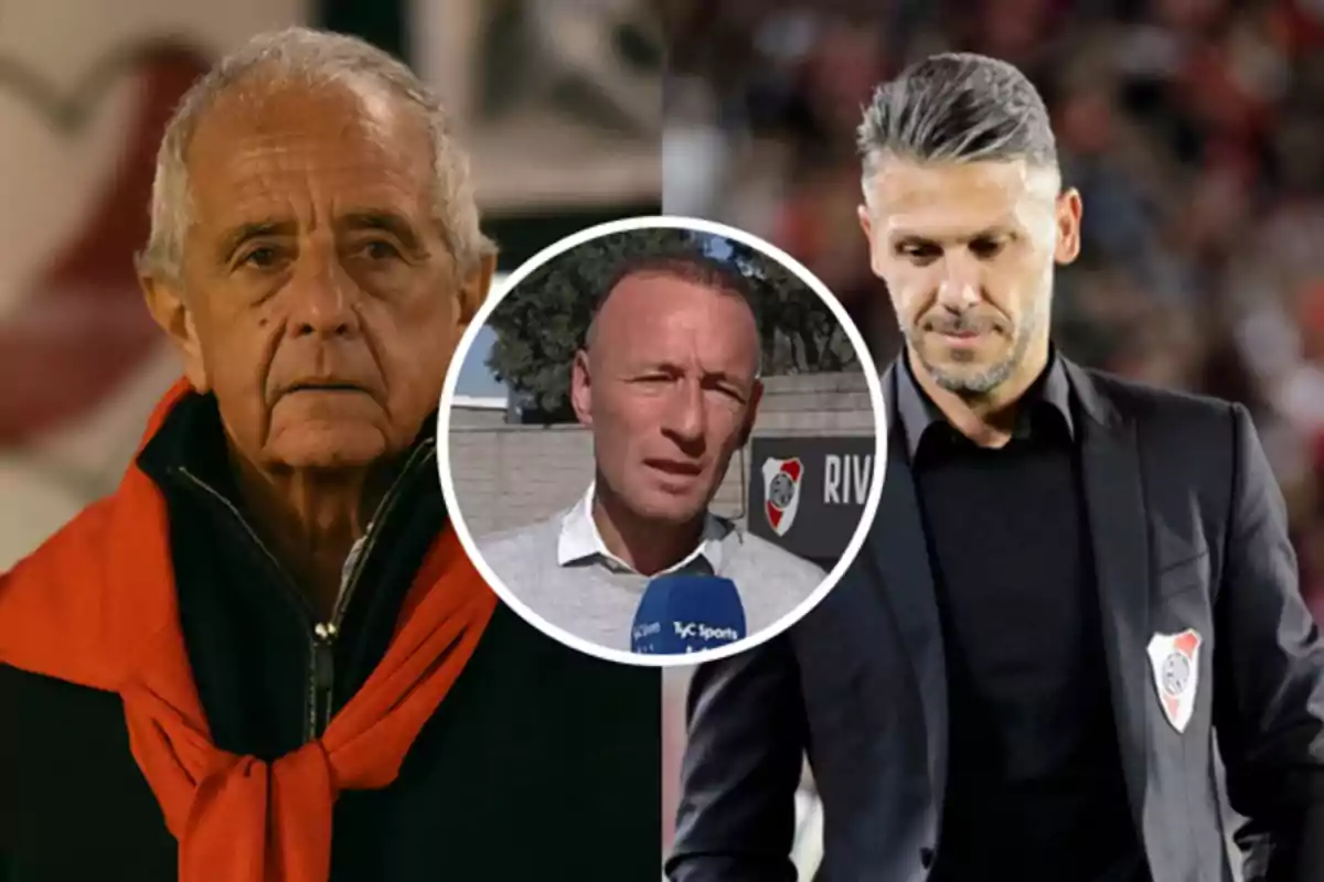 Three men in different images, one with a stadium background, another with a microphone, and the third with a red sweater.