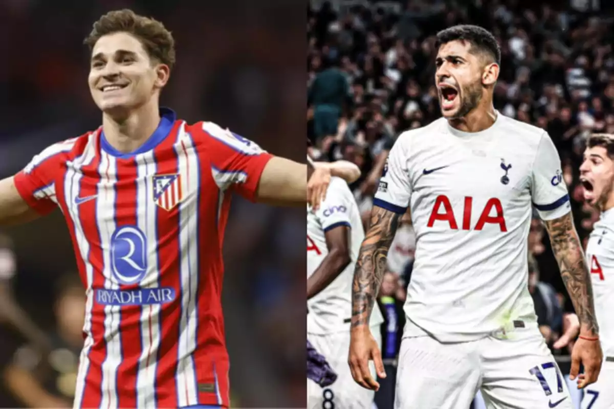 Two players celebrating, one wearing the Atlético de Madrid jersey and the other wearing the Tottenham Hotspur jersey.