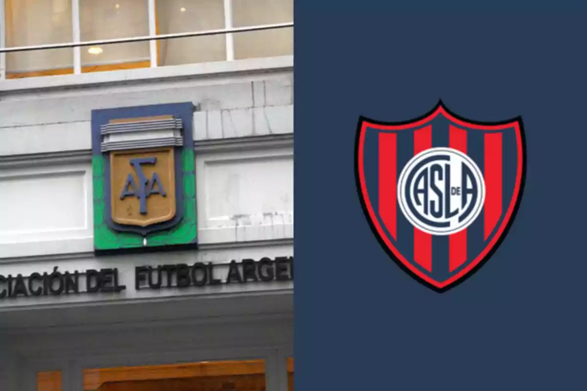 A la izquierda, el edificio de la Asociación del Fútbol Argentino con su escudo, y a la derecha, el escudo de un club de fútbol con franjas rojas y azules.