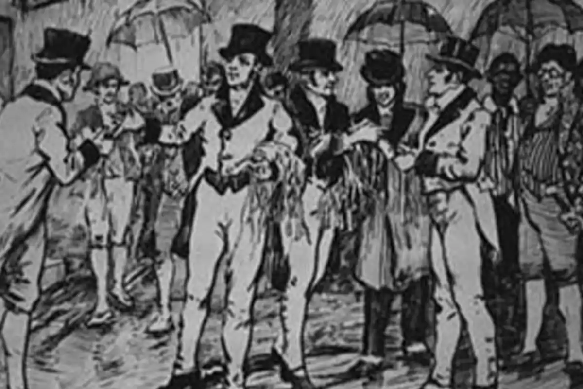 A group of men in top hats and period costumes gathers in a lively scene, some holding umbrellas. A group of men in top hats and period costumes gathers in a lively scene, some holding umbrellas.