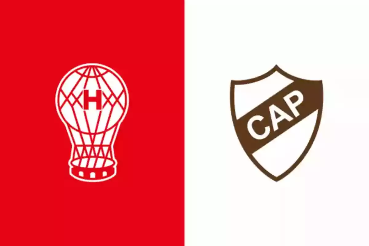 Escudos de los clubes de fútbol Huracán y Platense sobre fondos rojo y blanco respectivamente