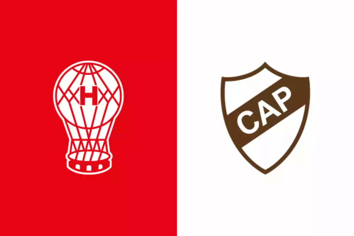 Logos of two soccer teams on a split background, one red with a balloon and an "H" and the other white with a brown shield and "CAP".