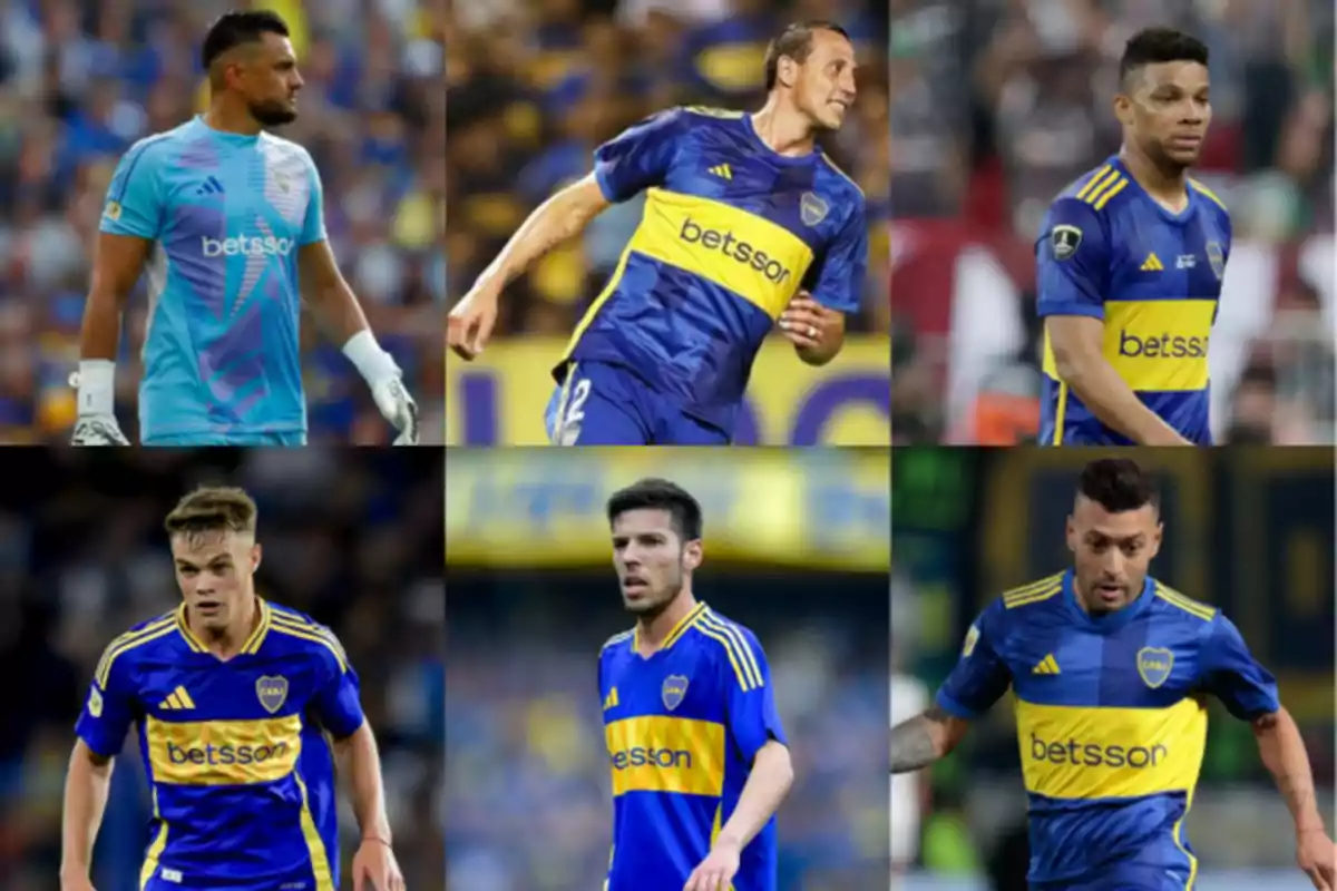 Six Boca Juniors players in different positions on the field, wearing the club’s official uniform Six Boca Juniors players in different positions on the field, wearing the club’s official uniform