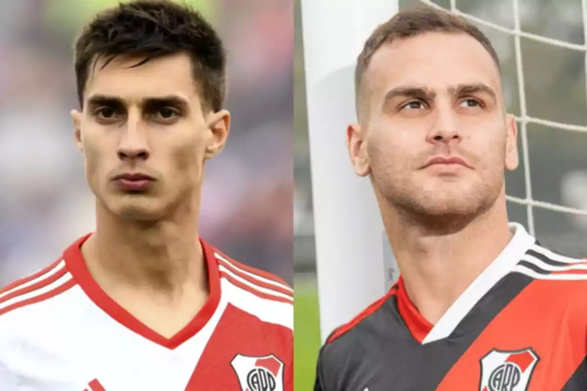 Two players in River Plate uniforms looking in different directions Two players in River Plate uniforms looking in different directions