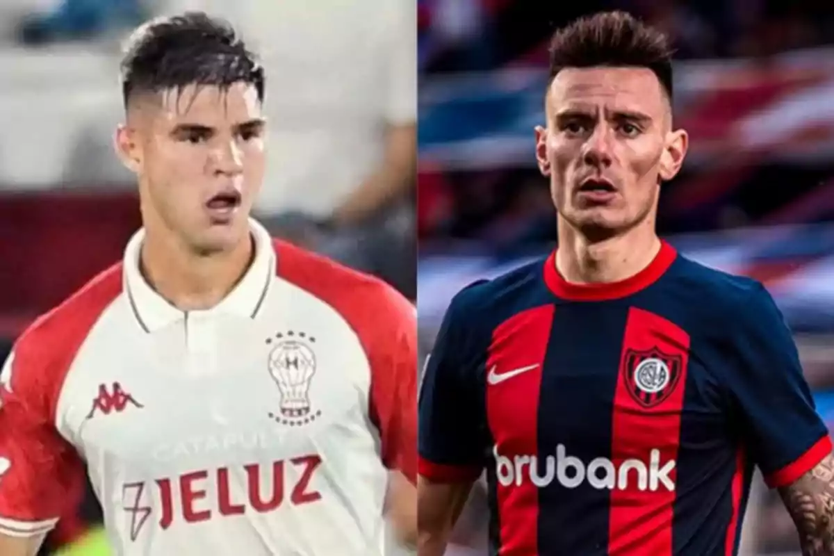 Two players wearing Huracán and San Lorenzo jerseys during a match Two players wearing Huracán and San Lorenzo jerseys during a match
