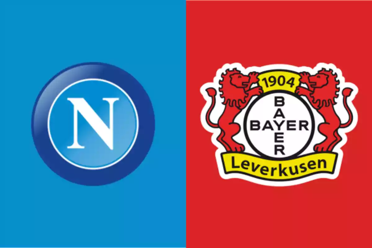 Logos de los equipos de fútbol Napoli y Bayer Leverkusen sobre fondos azul y rojo respectivamente Logos de los equipos de fútbol Napoli y Bayer Leverkusen sobre fondos azul y rojo respectivamente
