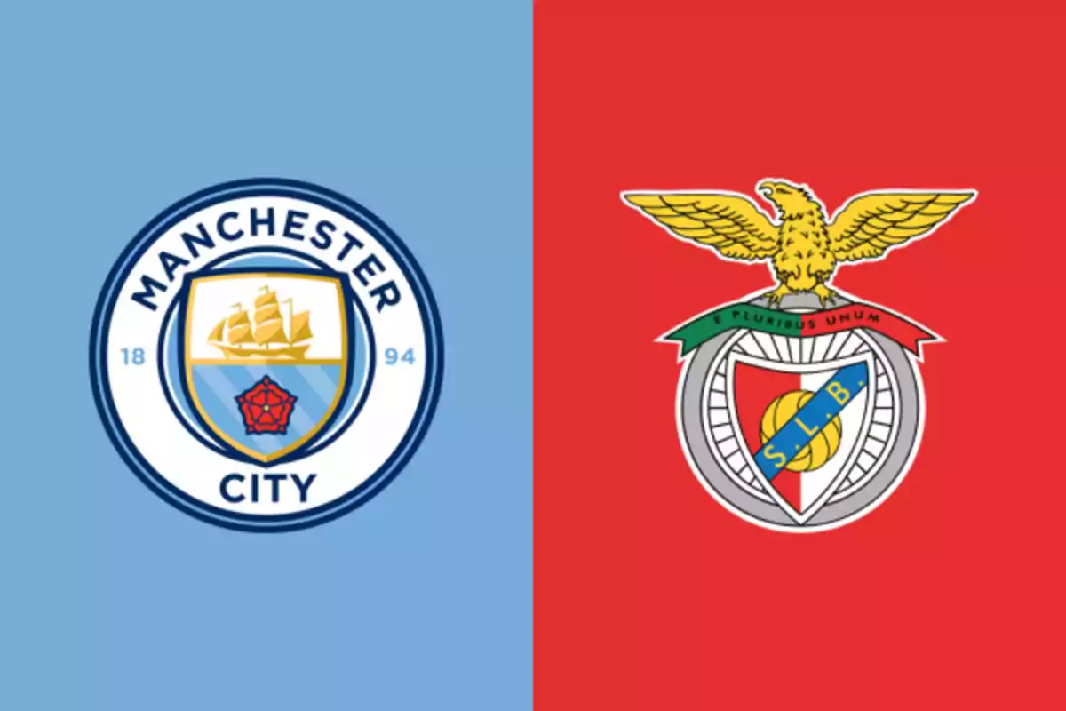 Escudos de los equipos de fútbol Manchester City y Benfica sobre fondos azul y rojo respectivamente Escudos de los equipos de fútbol Manchester City y Benfica sobre fondos azul y rojo respectivamente