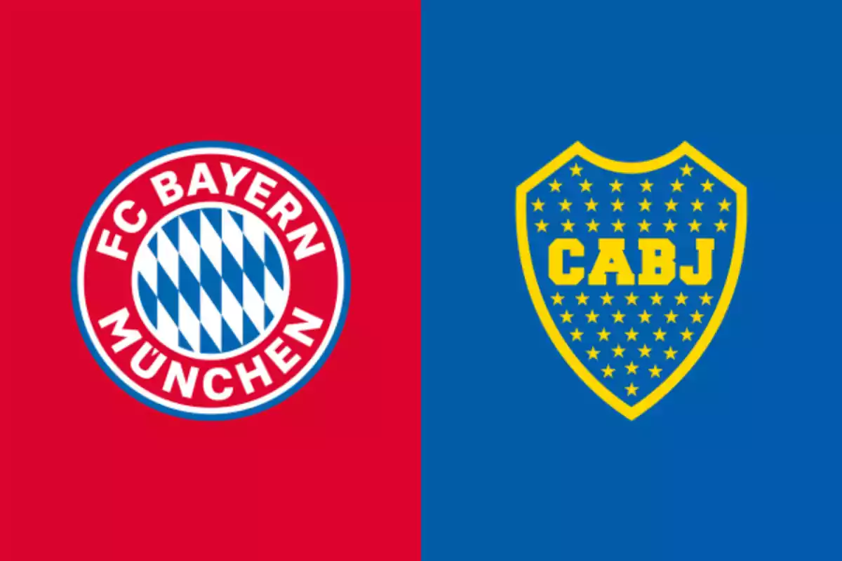 Escudos de los equipos de fútbol Bayern Múnich y Boca Juniors sobre fondos rojo y azul respectivamente Escudos de los equipos de fútbol Bayern Múnich y Boca Juniors sobre fondos rojo y azul respectivamente