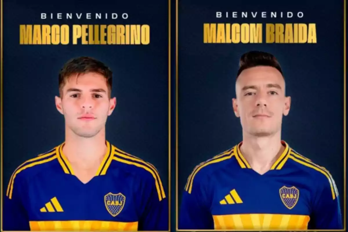 Dos futbolistas con la camiseta de Boca Juniors posan frente a un fondo azul con sus nombres y la palabra bienvenido en la parte superior Dos futbolistas con la camiseta de Boca Juniors posan frente a un fondo azul con sus nombres y la palabra bienvenido en la parte superior