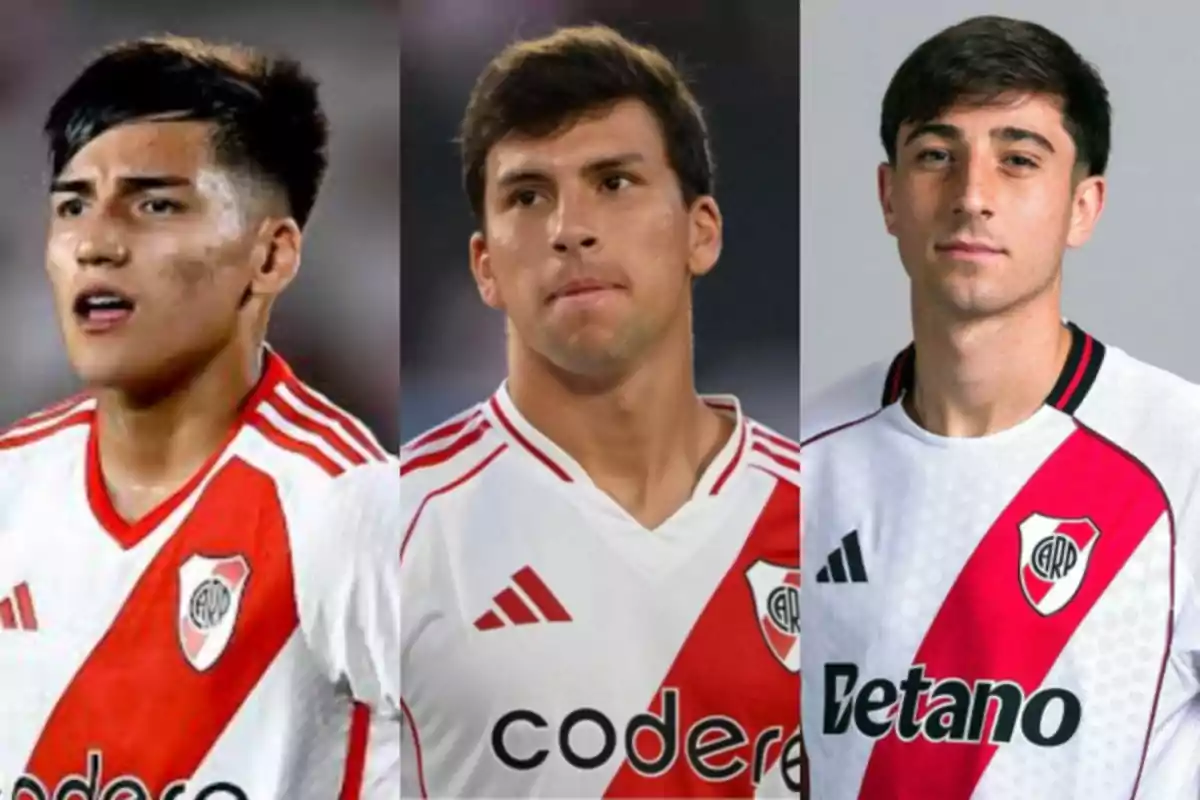 Three young players wearing River Plate jerseys looking forward Three young players wearing River Plate jerseys looking forward