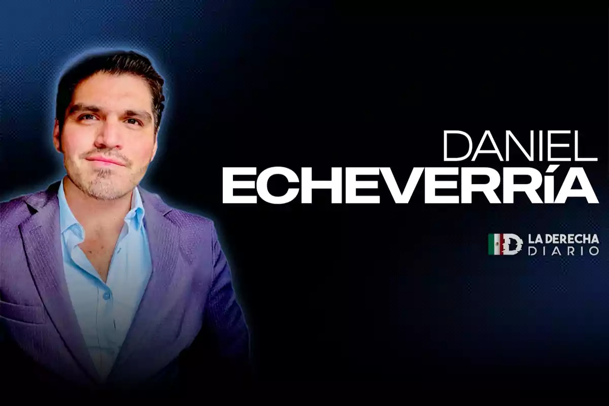 A man in a purple jacket and light blue jersey appears on the left of a dark background, on the right it reads "Daniel Echeverría" next to the "La Derecha Diario" logo.
