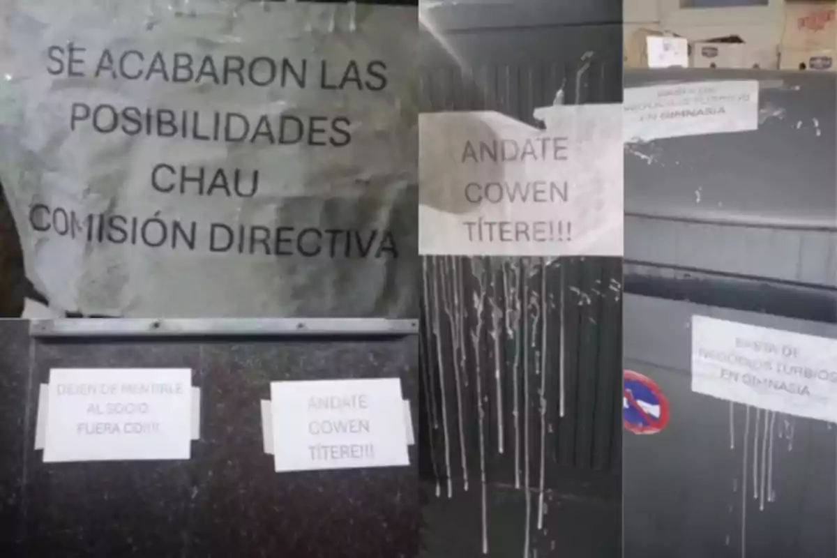 Posters with protest messages pasted on various surfaces, expressing discontent toward a board of directors and mentioning shady dealings. Posters with protest messages pasted on various surfaces, expressing discontent toward a board of directors and mentioning shady dealings.