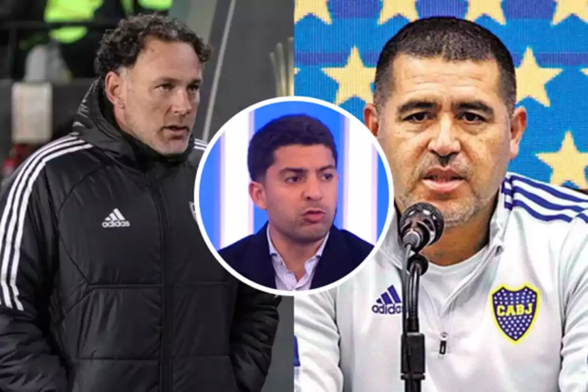 A man in a black Adidas jacket is on the left, another man in a white Boca Juniors jacket is on the right, and in the center, there is a circle with the image of a third man speaking.