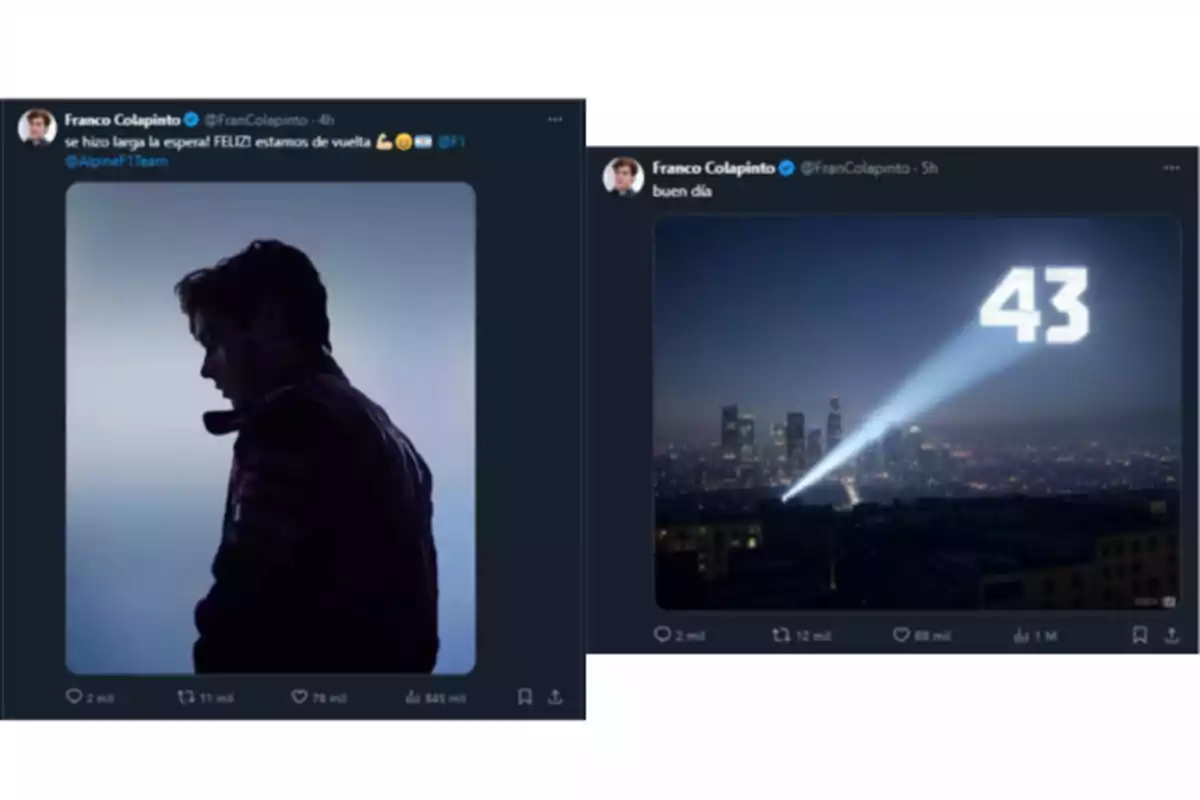 Dos publicaciones en redes sociales muestran a una persona de perfil con un fondo azul y una ciudad iluminada por un proyector que muestra el número 43 en el cielo. Dos publicaciones en redes sociales muestran a una persona de perfil con un fondo azul y una ciudad iluminada por un proyector que muestra el número 43 en el cielo.