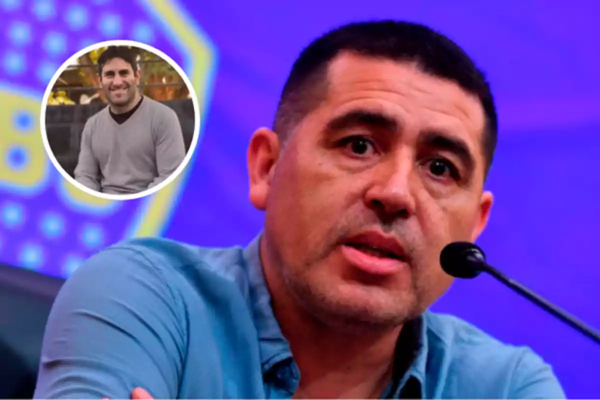 Un hombre hablando en un micrófono con un fondo azul y un recuadro que muestra a otra persona sonriendo.