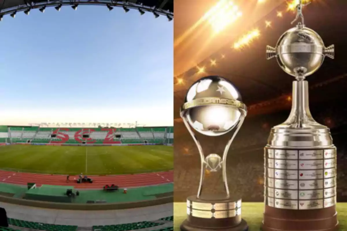 An empty soccer stadium on the left and two soccer trophies on the right.