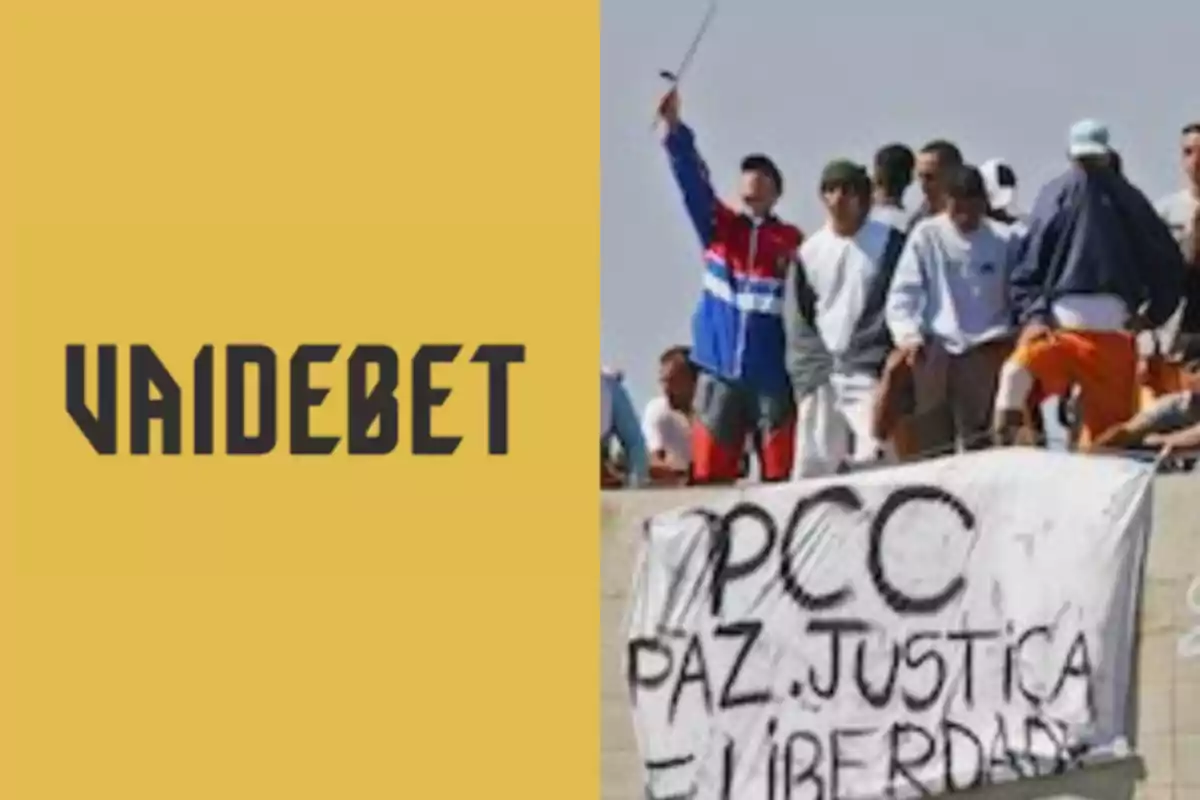 Image divided into two parts: on the left, a yellow background with the word VAIDEBET in black letters, and on the right, a group of people on a structure holding a white banner with the words PCC peace justice and freedom written in black. Image divided into two parts: on the left, a yellow background with the word VAIDEBET in black letters, and on the right, a group of people on a structure holding a white banner with the words PCC peace justice and freedom written in black.