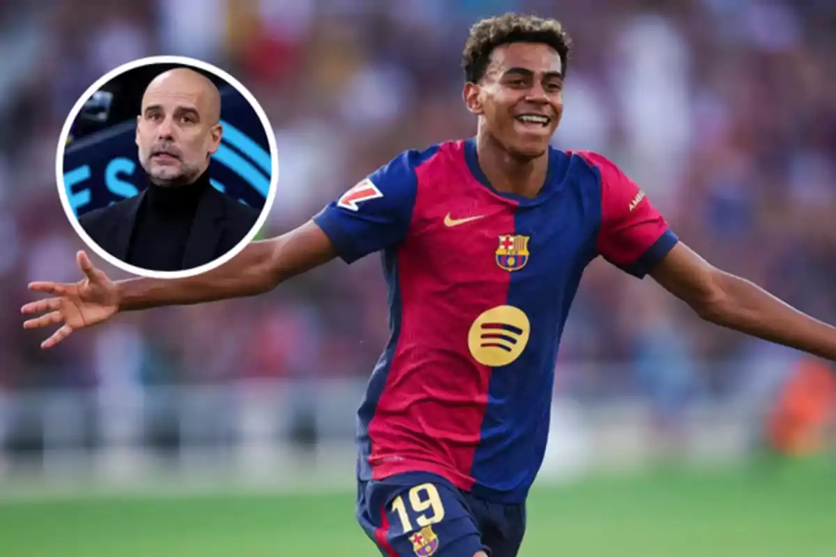 Un futbolista del Barcelona celebra un gol en el campo mientras en la esquina aparece el rostro de un entrenador reconocido